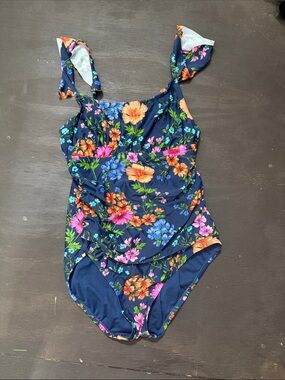 Ellen Tracy Navy Floral One-Piece Swimsuit with Tie Straps